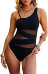 HALO AUQA Halo Aqua Classic Mesh Splice Tummy Control One Piece Swimwear Swimsuit Bathing Suit for Women Girls (M, Black)