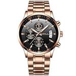 CRRJU Big Face Sports Chronograph Watch for Men, Waterproof Military WristWatches in Rose Gold Steel Band