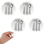 TIESOME Dollhouse Kitchen Accessories Set, 4 Pcs Miniature Plates with 8 Pcs Mini Metal Tablewares Porcelain Plate Model 1:12 Dollhouse Kitchen Decoration for Pretend Play