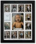 Northland Baby First Year Personalized Frame - Holds Twelve 2.5" x 3.5" Newborn Nursery Decor Photos and 5" x 7" One Year Picture, Black Frame, White Mat, Customizable with any name