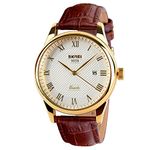 SKMEI Business Men’s Quartz Wristwatches Roman Numeral Leather Band Casual Water Resist Analog Watches, Brown+Gold, classic