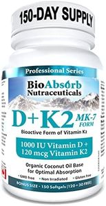 Vitamin D3 1000 IU + Vitamin K2 MK-7 (120 mcg). 150-Day Supply Of Vitamin D3 K2. Organic Coconut Oil Base For Optimal Absorption of K2 D3 Vitamin Supplement (150 Softgels of Vitamin D K2)