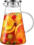 KELVEE Glass Pitcher with Lid and Handle- 1.8 Litre - Borosilicate Glass Water Sun Tea Jar for - Iced Tea, Juice, Milk, Coffee, Mixed Drink Hot & Cold Beverages Carafe