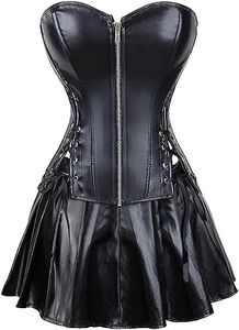 DKCHENH Women's Punk Rock Faux Leather Steampunk Corset gothic bustier skirt set costume.black bustier,X-Large Skirt.