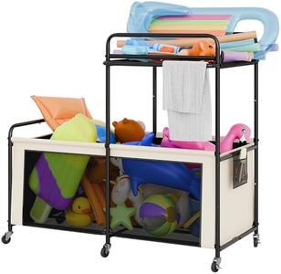 StorageWorks 2-Tier Pool Float Storage Organizer for Swimming Pool, 340-Gallon Large Pool Storage Bin, 65" H Rolling Pool Toy Storage Cart for Floats, Balls, Toys, Beige