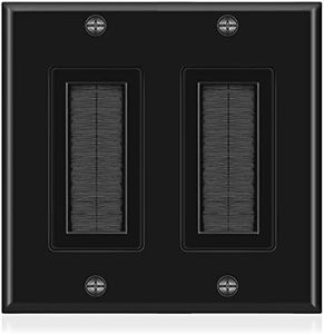 TNP Brush Wall Plate - Double 2 Gang Cable Entry Access Brush Bristles Style Strap Opening Port Insert Socket Wiring Plug Jack Decorative Face Cover Outlet Mount Panel (Black)