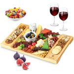 Unique Bamboo Cheese Board, Charcuterie Platter and Serving Tray for Wine, Crackers, Brie and Meat. Large and Thick Natural Wooden Server - Fancy House Warming Gift & Perfect Choice for Gourmets