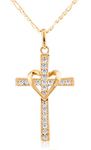 10k Yellow Gold Heart & Cross Pendant with an 18 Inch Gold Overlay Figaro Necklace