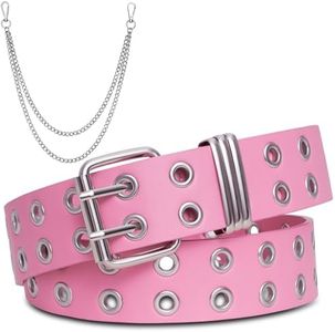 FIORETTO Grommet Leather Belt with Detachable Chain Women Men Punk Rock Waist Belts for Jeans Pants Double Hole Pink