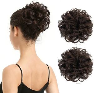 BARSDAR 100% Human Hair Bun, 2 PCs Real Human Hair Messy Bun Extensions Elastic Curly Brown Natural Hair Bun Extension for Women Girls Kids Tousled Updo Chignons (2PCs, Dark brown)