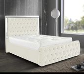 Winchester Mirrored bed frame, Velvet Bed Frame with Headboard/Velvet Upholstered Platform Bed Frame/Wood Slat Support/No Box Spring Needed (White Plush, Double)