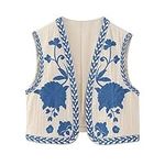 Betrodi Women Y2k Embroidered Floral Vest Linen Top Open Front Shirt Sleeveless Boho Flower Print Cardigan Waistcoat Outerwear(E Blue,M)