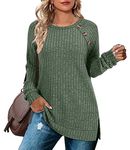 Aokosor Long Sleeve Tops Women Lightweight Jumpers Ladies Button Side Splits Tunic Green Size 14-16