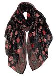 GERINLY Lightweight Scarves Fashion Flowers Print Women Cotton Wrap Scarf Head Shawl Spring Gift (Black Red)