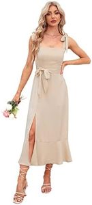 Women's Wedding Guest Midi Dresses Elegant Sleeveless Square Neck Ruffle Split Formal Beach Cocktail Party Bridesmaid Dress, Apricot, Small