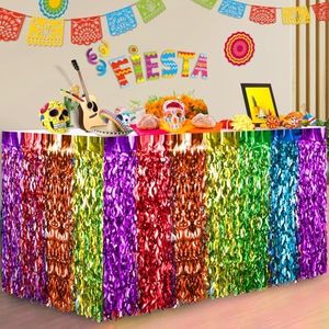 Cinco de Mayo Decorations 2/4 Packs Fiesta Party Wavy Metallic Tinsel Foil Fringe Table Skirts Mexican Themed for Mexico Day of The Dead Taco Dia De Los Muertos Table Bar Rainbow Party Decor