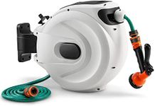 TANGZON Retractable Hose Reel, Wall-Mounted 180° Swivel Garden Hose Reel with 8 Functions Spray Nozzle, Auto Rewind Hose Reel for Patio Yard Greenhouse (with 8 in 1 Nozzle, 15+1M Pipe, 38x20x37cm)