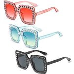 Alviller 3 Pack Oversized Rhinestone Sunglasses, Crystal Square Eye Glasses Thick Frame Diamonds Sunglasses for Girls Women Shopping Traveling Summer Party Makeup Accessories