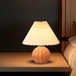 KUNJOULAM Pleated Table Lamp, Modern Bedside Nightstand Lamp with Beige Lampshade Rattan Metal Base, Desk Light for Bedroom Living Room Home Office with E12 Bulb