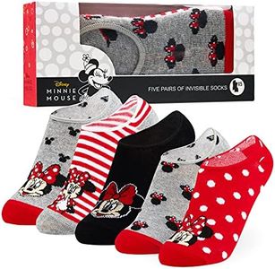 Disney Calcetines Tobilleros Niña, Packs de 5 Pares de Calcetines Invisibles, Regalos para Niñas (Gris/Rojo)