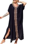 L-Peach Women Embroidery Kaftan Loungewear Boho Homewear Oversized Maxi Beach Dress Cover Ups Robes