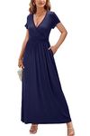 OUGES Women's Summer Casual V Neck Short Sleeve Floral Maxi Long Wedding Guest Dresses with Pockets(Navy394,Medium)