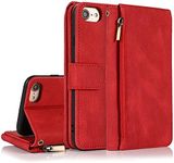 GoshukunTech for iPhone 6/6s Case,for iPhone 7/8/iPhone SE 2020/iPhone SE 5G 3rd Gen Wallet Case[ 8 Card Slots & 1 Zipper Coin Purse] Leather Wallet Flip Cover with Wrist Starp,-Red