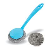 Non Scratch Scourers Stainless Steel Pan Scrubber Heavy Duty Washing Up with Plastic Handle Extra Scouring Pad Ball Metal Sponge Wire Brush Scrub Dish Washing Gas hob Cleaner Kitchen (with Handle)