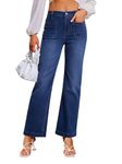 Genleck Wide Leg Jeans for Women – High Waisted Stretch Front Patch Pockets Trendy Jeans Baggy Mom Tummy Control Denim Pants, Navy Blue, 12