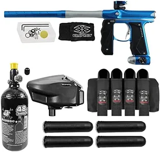 Maddog Empire Mini GS Electronic Full Auto Paintball Gun Marker w/ 48/3000 HPA Paintball Tank, Empire Halo Too Electronic Loader, 4-Pod Harness & (4) Pods Starter Package - Dust Blue/Dust Silver