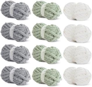 HOMBYS Chunky Chenille Yarn for Crocheting, Super Bulky Jumbo Yarn for Hand Knitting, 3/4" Thick Soft Plush Yarn for Blankets, 12 Skein Pack (27 yds / 8 oz Each), Multi Assorted Cream Grey Sage