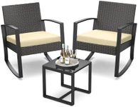 Qsun 3 Pieces Porch Furniture Set Patio Rocking Bistro Set Outdoor Patio Chairs Rattan Conversation Sets with Coffee Table for Front Porch Garden Balcony Backyard Poolside (Beige Cushion)