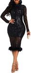 VERWIN Sequins Patchwork Bodycon Dress Women's Long Sleeve Dress Elegant Dress Plume Maxi Dress Party Dress M