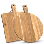 KOLWOVEN Acacia Wood Cutting Board 2 Pack with Handle, Wooden Charcuterie Board Large Paddle Carving Chopping Board Set, Serving Tray for Cheese Meat Fruit Pizza Bread Baking