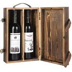 MyGift Double Bottle Decorative Wine Gift Box, Rustic Burnt Wood Wine Box with Latched Lid, Liquor Bottle Storage Carrying Case with Top Leatherette Handle