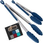 Gorilla Grip Stainless Steel Silicone Tongs for Cooking, Set of 2, Includes 9 and 12 Inch Locking Kitchen Tong, Heat Resistant Tip, Strong Grip for Meat, Perfect for Nonstick Pans, BBQ, Blue