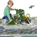 deAO Military Parking Station Playset for Kids, 2 Story Army Base Toy Garage with Ramps Track Garage Vehicles Helicopters Traffic Signs, Military Educational Car Storage Toys Set for Toddlers Boy