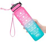 MEITAGIE 1 litre Motivational Sports Water Bottle with Straw & Time Maker,Leakproof with BPA Free Lid,Toxin Free Plastic Drink Bottle Design for Sports Gym Office Running(Pink Green)