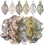 Hollow Leaf Charms,60pcs Tibetan Style Leaf Charms Mixed Vintage Filigree Leaves Pendants Craft Supples for DIY Jewelry Necklace Bracelet Earring,6 Colors,29x13mm