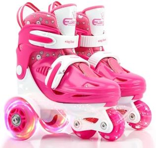 Quad Roller Skates for Kids Girls with Adjustable Size (Age 3-9), Double Brakes, Luminous Wheels, 3-Point Balance, Include Knee Pads Elbow Pads Wrist Guards