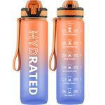 QLUR Water Bottle with Straw, 32oz Sports Motivational Water Bottle, 1L Tritan Water Bottle with Time Markings to Drink & Carry Strap, BPA Free, LeakProof for Women Men Gym Fitness Outdoor (1 Bottle)