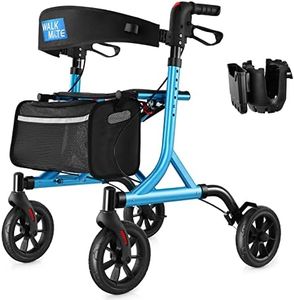 WALK MATE Rollator Walker for Seniors with Cup Holder, Upgraded Thumb Press Button for Height Adjustment, 4 x 8" Wheels Walker with Seat Padded Backrest Folding Lightweight Walking Aid, Blue