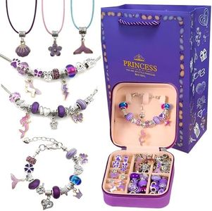 Charm Bracelet Making Kit for Girls with Jewelry Box, 68Pcs Bracelet Pendant Necklace Jewelry Gift Adults & Kids, Bracelets for DIY Craft Toy, Christmas Birthday Present for 8-12 Year Old Teen Purple