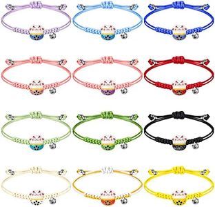 Kigeli 12 Pcs Lucky Cat Bracelets Cute Maneki Neko Bracelet Adjustable Fortune String Feng Shui Bracelet Lucky Cat Ceramic Beads Bracelets with Bell for Women, 6.3 inches, Alloy, Ceramic, Cotton