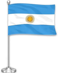 G128 Argentina Argentinian Deluxe Desk Flag Set | 8.5x5.5 In | Printed 300D Polyester, with Silver Dome and Base, 15" Metal Pole, Decorations For Office, Home and Festival Events Celebration