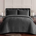 Tribeca Living Velvet Queen Quilt, Three-Piece Honeycomb Stitch Bedding Set Includes One Oversized Quilt & Two Sham Pillowcases, 260GSM Super Soft Velvet, Lugano/Smoke Grey