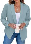 YMING Women Elegant Buttonless Blazer Ruched Sleeves Jacket Office Business Open Front Suit Jacket Light Blue XXL