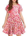 Arshiner Girls Dress Butterfly Sleeve Stretch A-Line Swing Skater Twirl School Dress with Pockets A Floral Red Tween 12-13 Y