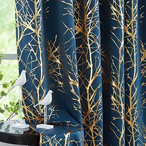 Fmfunctex Tree Branch Navy Blackout Curtains for Living Room Bedroom 54" Length Metallic Print Room Darkening Window Drapes for Kitchen Dining Home Office Grommet Top 2pcs