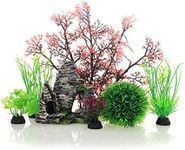 JIH Aquarium Fish Tank Plastic Plants and Cave Rock Decorations Decor Set 7 Pieces, Small and Large Artificial Fish Tank Plants with Cave Rock (CU89Red-7)